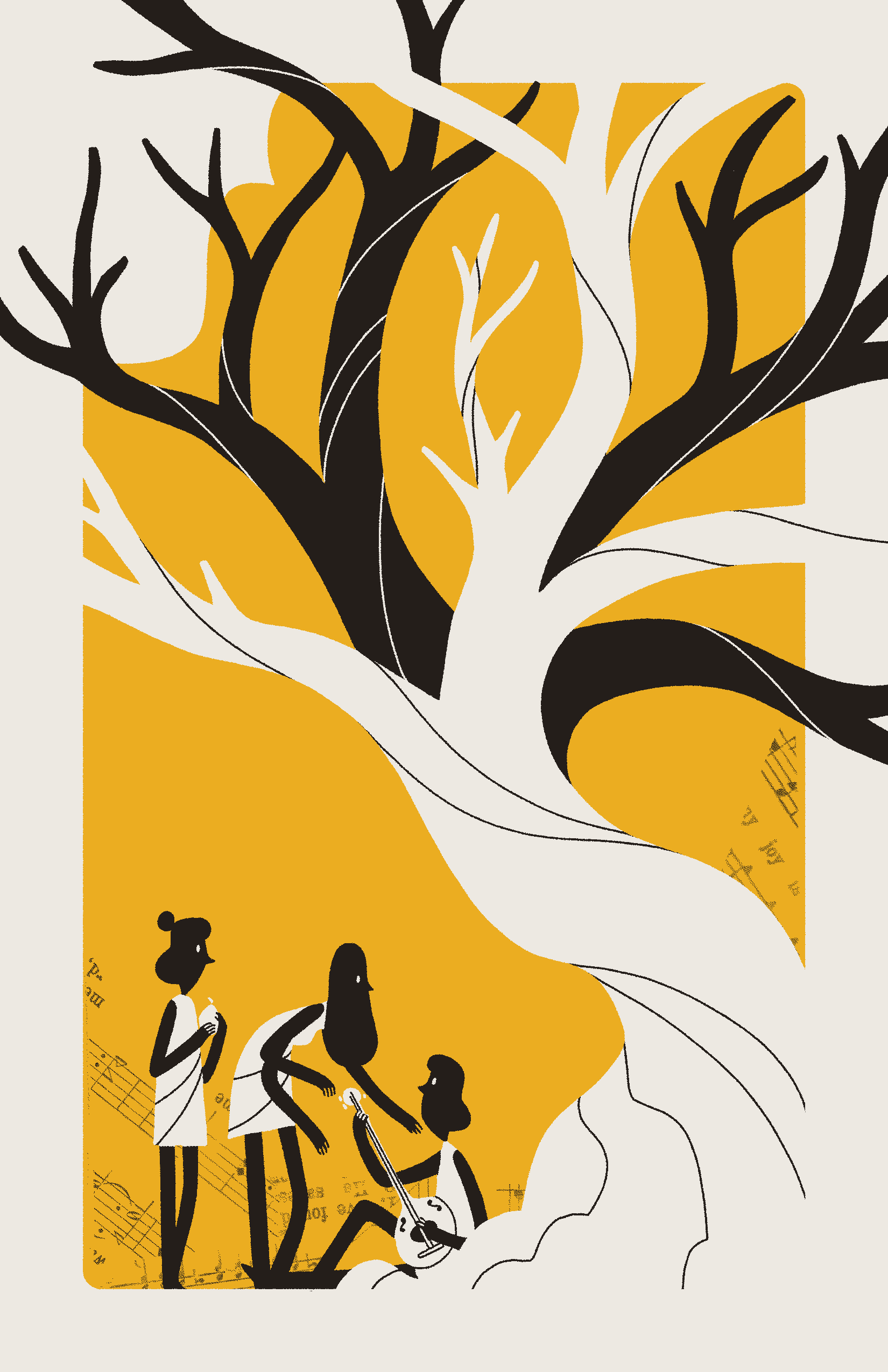 Three people — one of them with three arms — gather beneath a twisting, leafless tree.