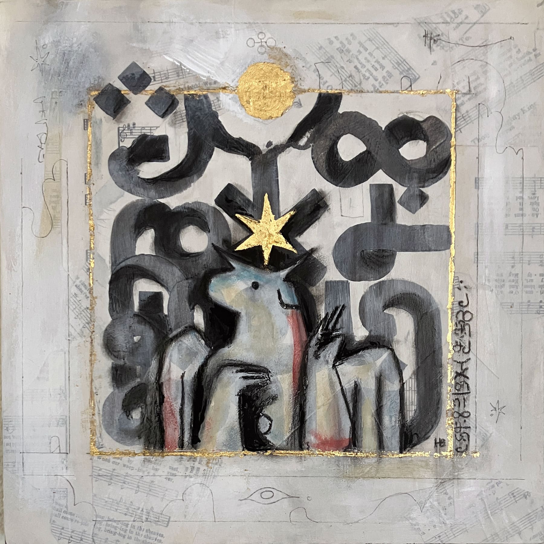 A mixed media piece composed of acrylic paint, charcoal, graphite, collage, and gold leaf. A cow-like baphomet gestures below a winding, shaded Wormrōte sigil that fills the frame. Collage of hymns are littered throughout, and a gold leaf star, circle, and lines highlight the frame.