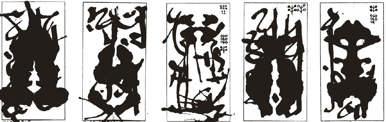 A scanned series of inkblots on cards - offerings for Eris.