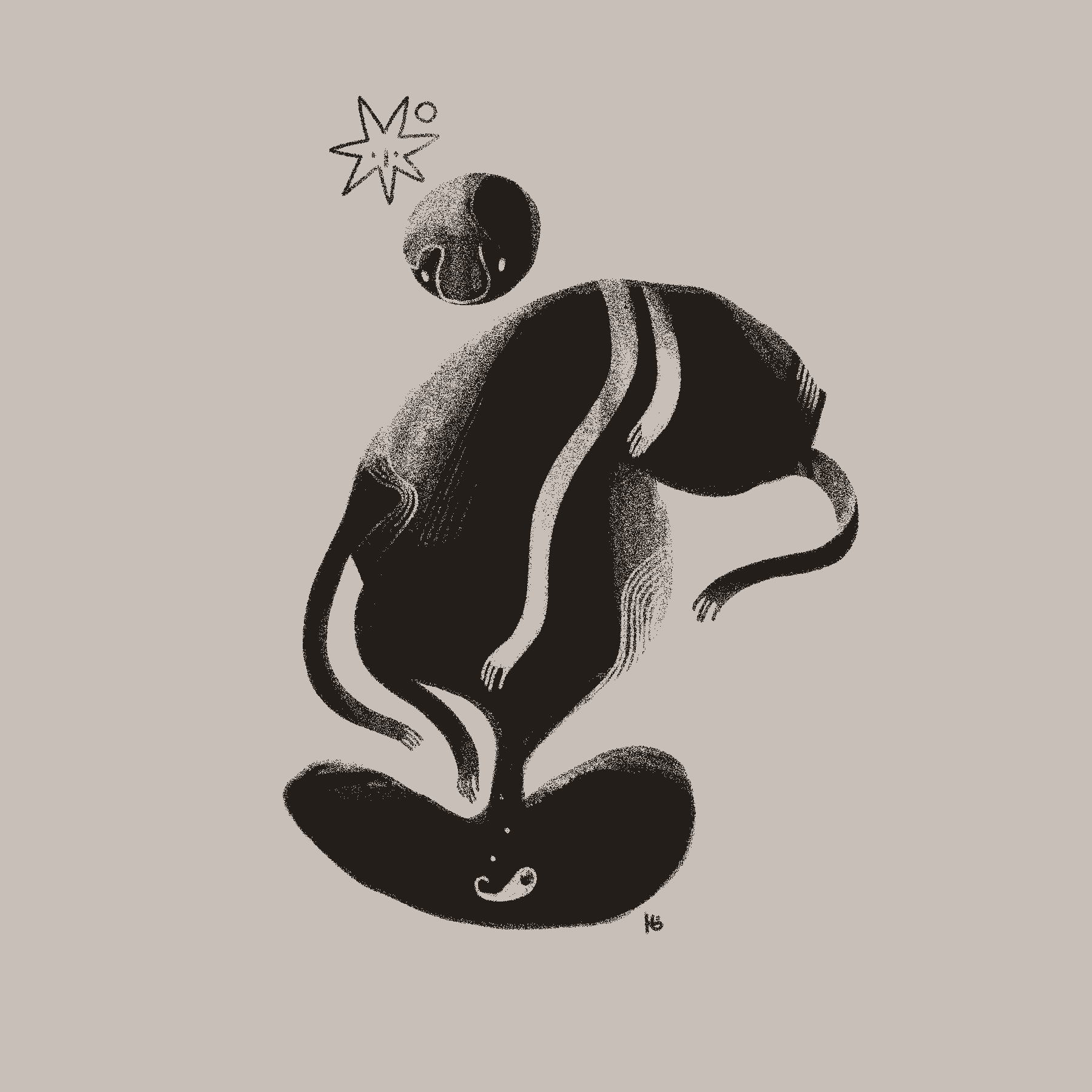 A star, vaguely human-like shapes, and arms reaching toward a small, embryonic entity.