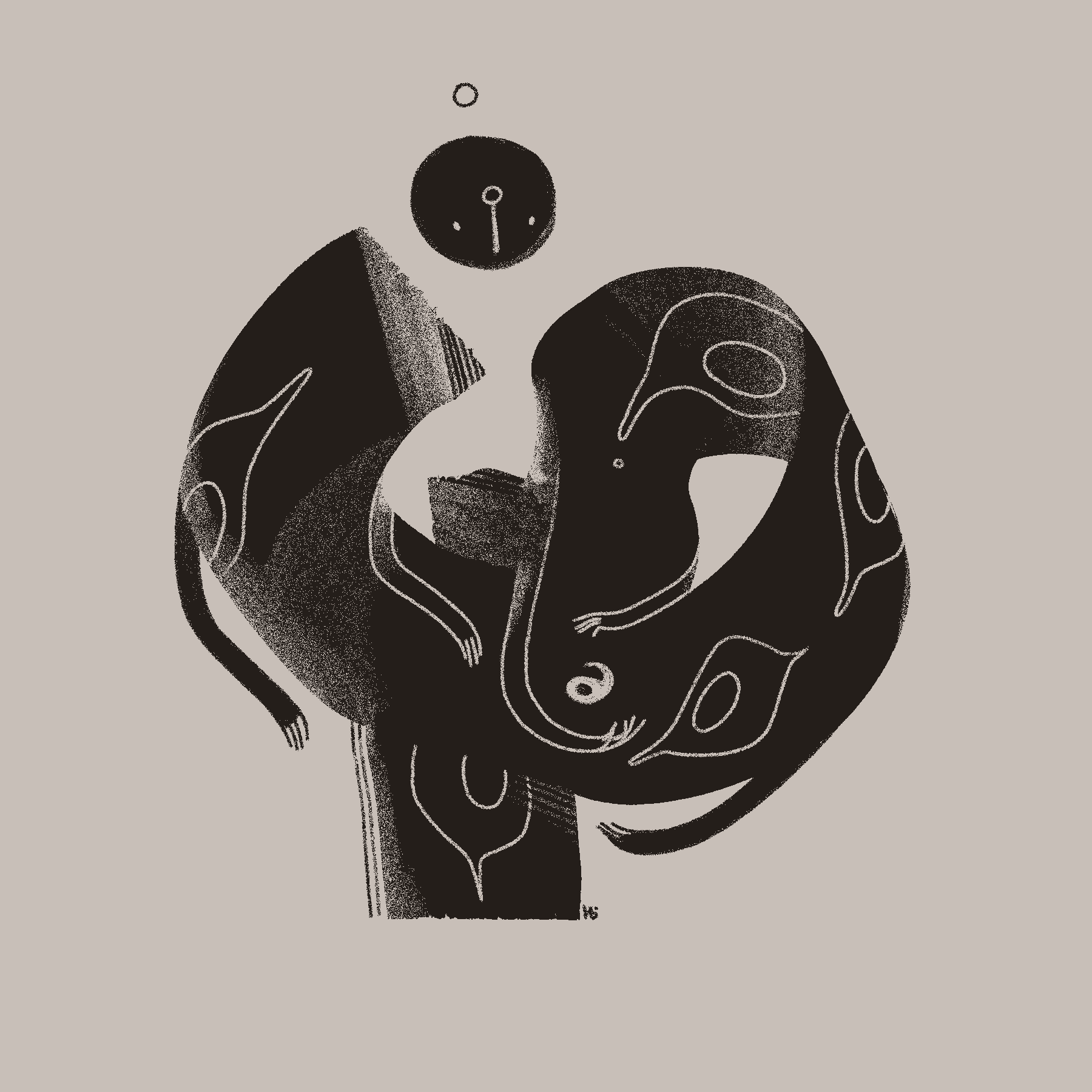 An abstract, ribbon-like form with hands reaching toward and cradling an embryonic shape.