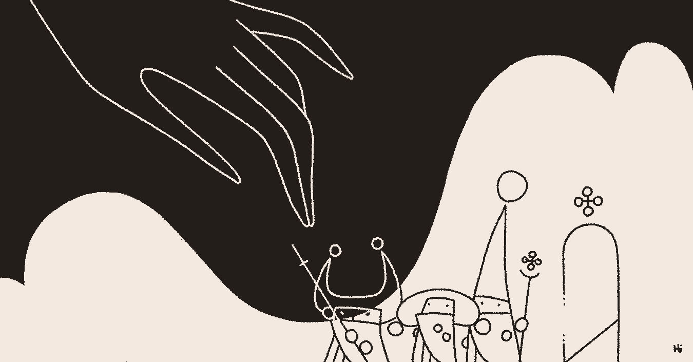 A panel shows three robed, gnome-like beings, Nōmes, drawing a sigil-like door with magic. A massive hand reaches down toward them..