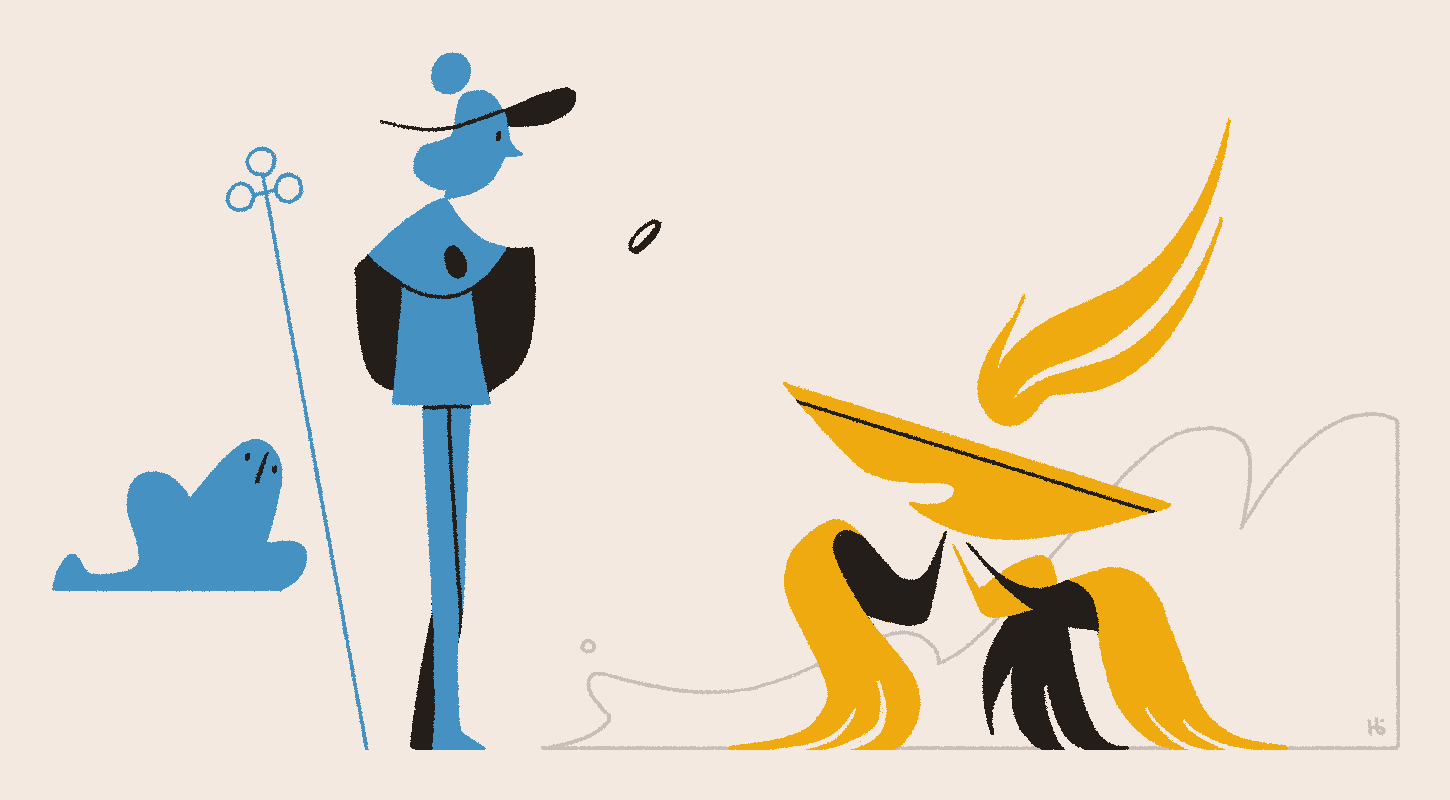 Inquirant Āyen inspects a coin while a golden, winged emissary smiles and waits patiently.